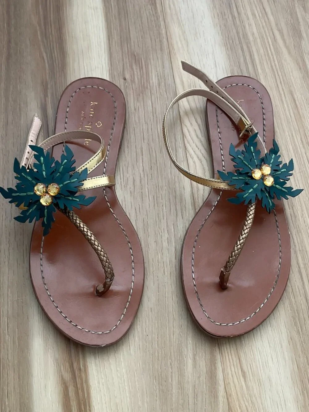Kate Spade Solana Brown Green Gold Palm Tree Ankle Strap Sandals Size 7.5